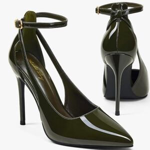 Olive Patent Leather Ankle-Strap Stiletto Pumps